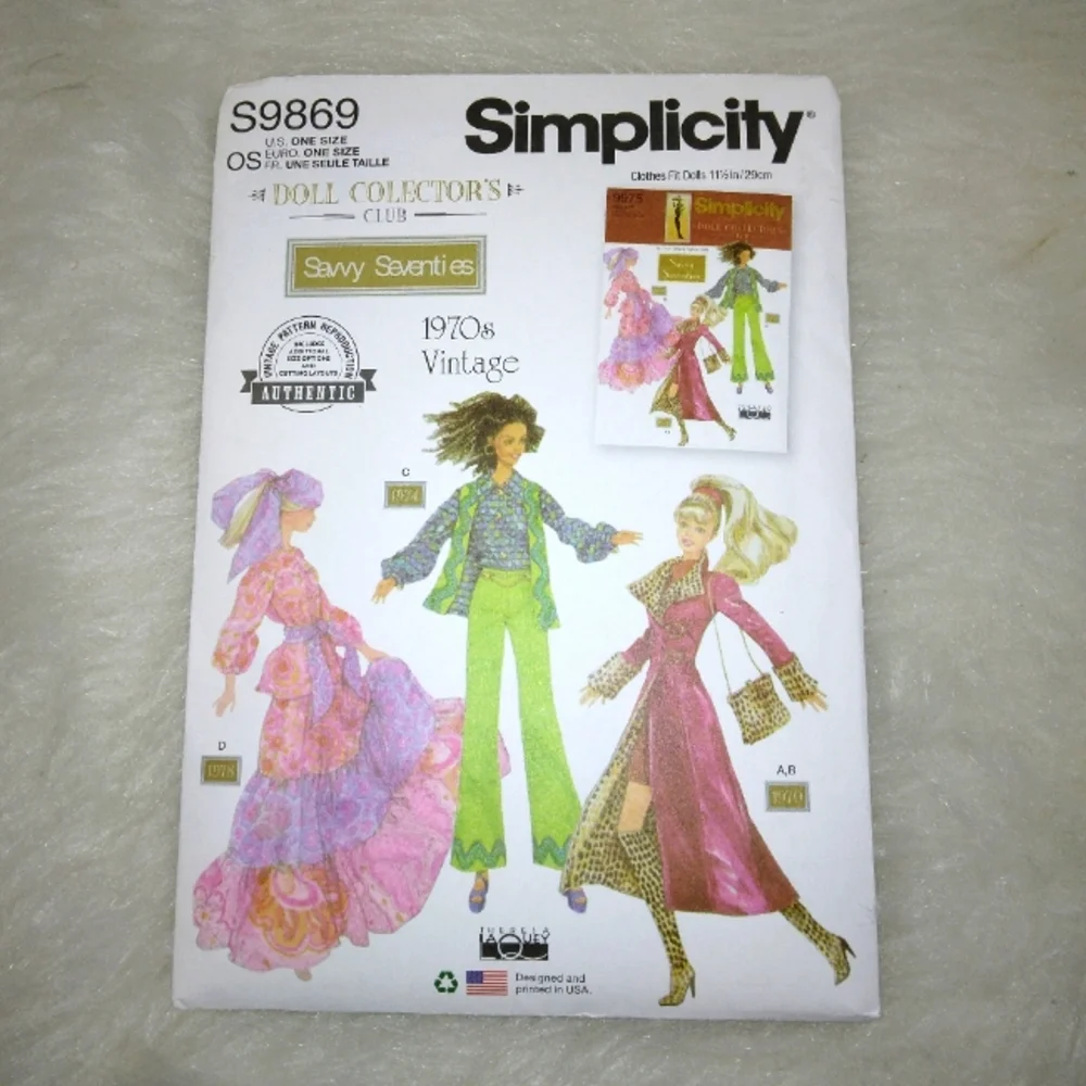SIMPLICITY S9869 Doll Clothes for 11.5 inch dolls 1970s styles by Theresa LaQuey